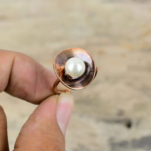 White Pearl Round White Handmade Copper Electroformed Ring