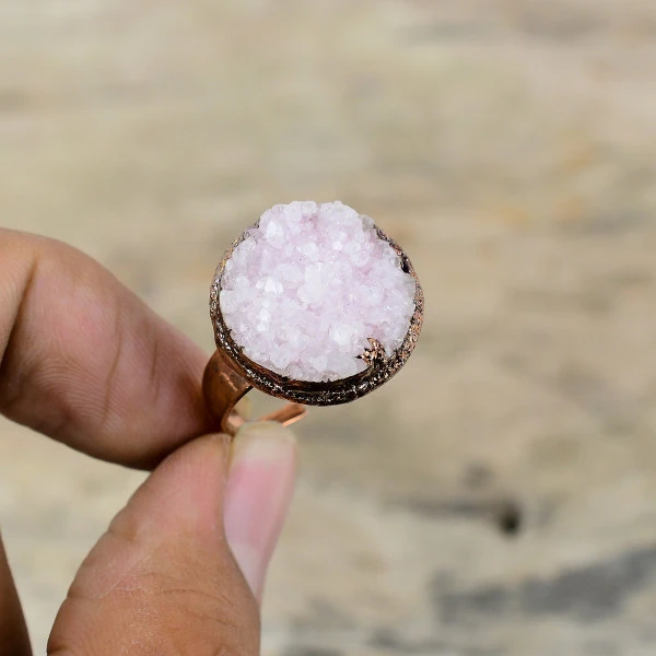 Pink Druzy Round Pink Handmade Copper Electroformed Ring