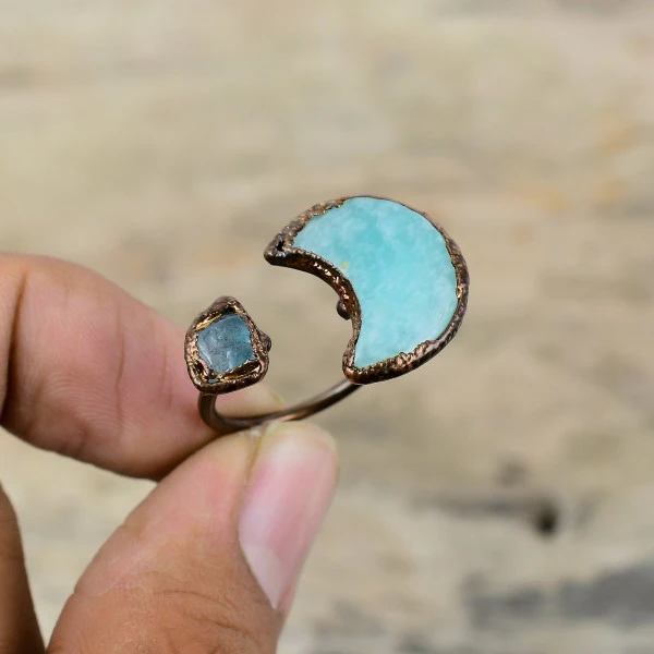 Amazonite Crescent Green Handmade Copper Electroformed Ring