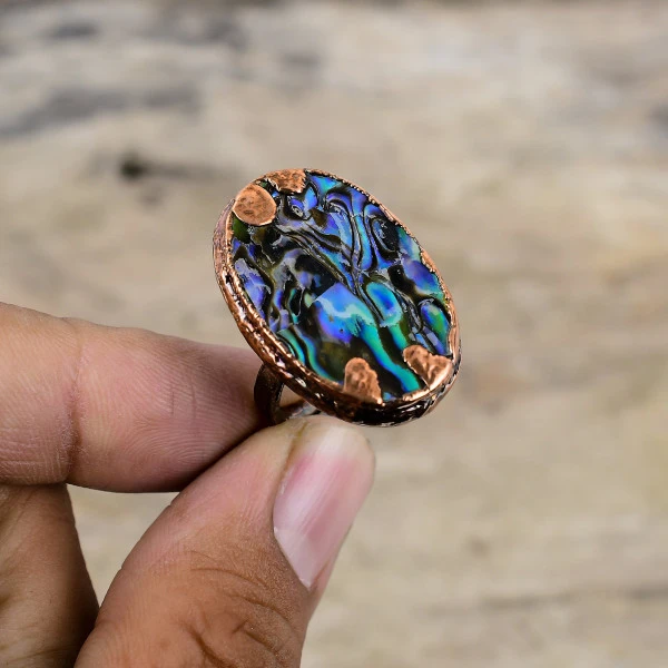 Abalone Shell Oval Green Handmade Copper Electroformed Ring