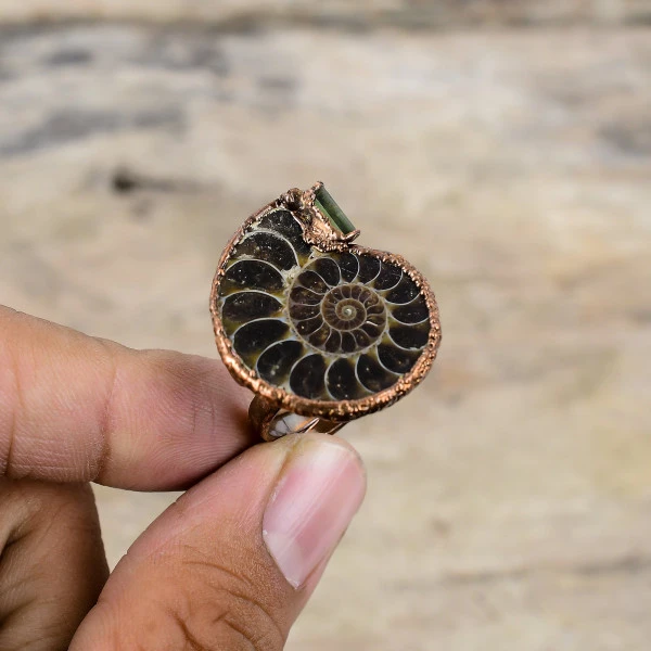Ammonite Fossil Pear Brown Handmade Copper Electroformed Ring