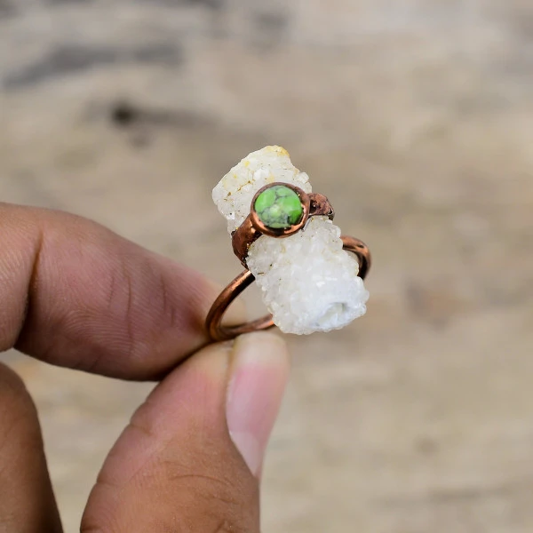 Rainbow Moonstone Druzy Oval White Handmade Copper Electroformed Ring
