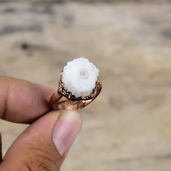 Rainbow Moonstone Druzy Round White Handmade Copper Electroformed Ring