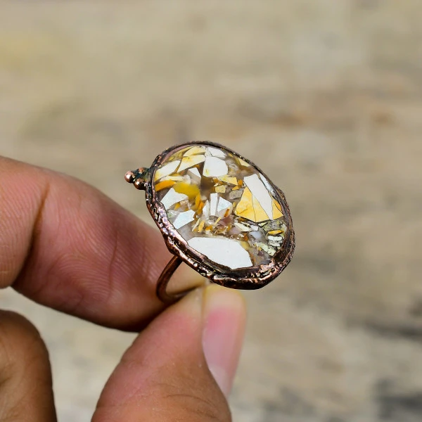 Brecciated Mookaite Oval Yellow Handmade Copper Electroformed Ring