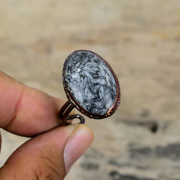Pinolith Jasper Oval Gray Handmade Copper Electroformed Ring