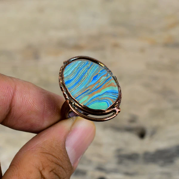 Rainbow Calsilica Oval Blue Handmade Copper Electroformed Ring