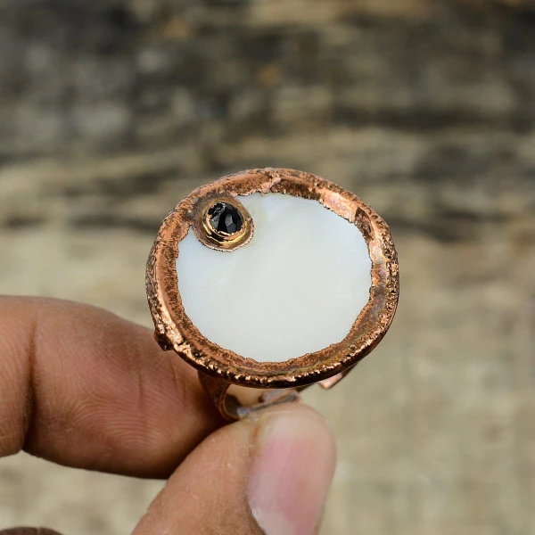 Mother Of Pearl Round White Handmade Copper Electroformed Ring