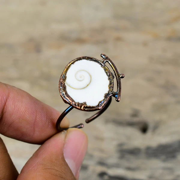 Shiva Eye Shell Round White Handmade Copper Electroformed Ring