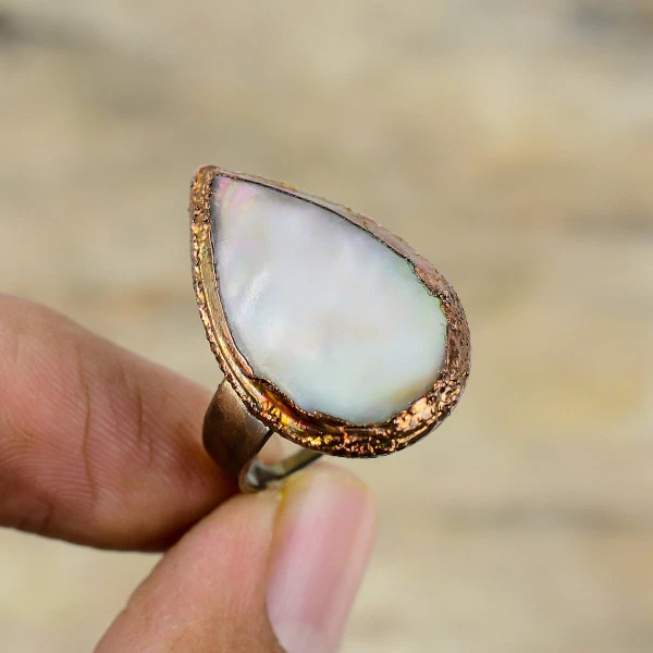 Mother Of Pearl Pear White Handmade Copper Electroformed Ring