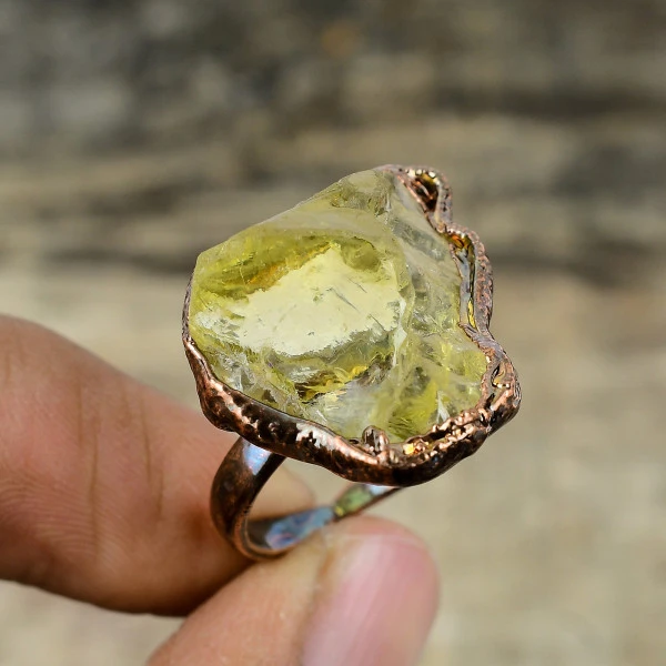 Citrine Rough Pentagon Yellow Handmade Copper Electroformed Ring