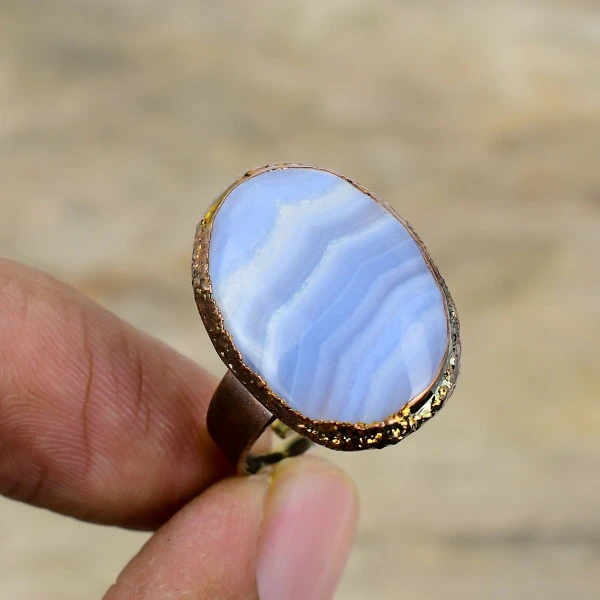 Blue Lace Agate Oval Blue Handmade Copper Electroformed Ring
