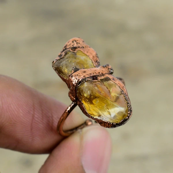 Citrine Rough Pentagon Yellow Handmade Copper Electroformed Ring
