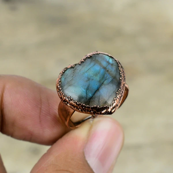 Labradorite Heart Gray Handmade Copper Electroformed Ring