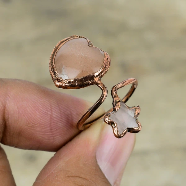 Rose Quartz Heart Pink Handmade Copper Electroformed Ring