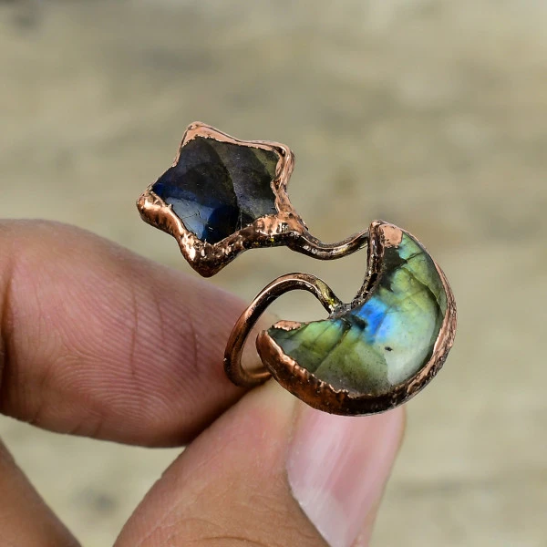 Labradorite Crescent Gray Handmade Copper Electroformed Ring