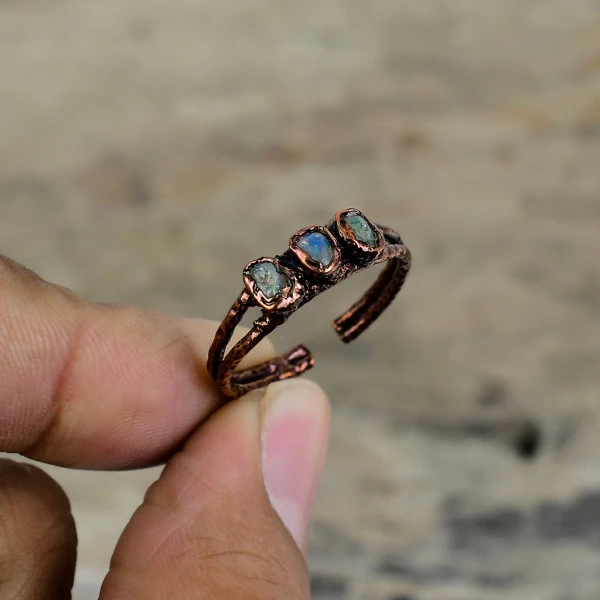Ethiopian Opal Pentagon White Handmade Copper Electroformed Ring