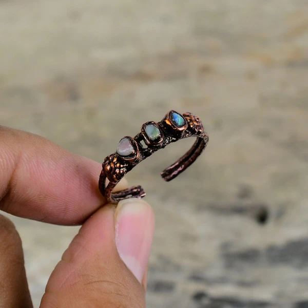 Ethiopian Opal Pentagon White Handmade Copper Electroformed Ring
